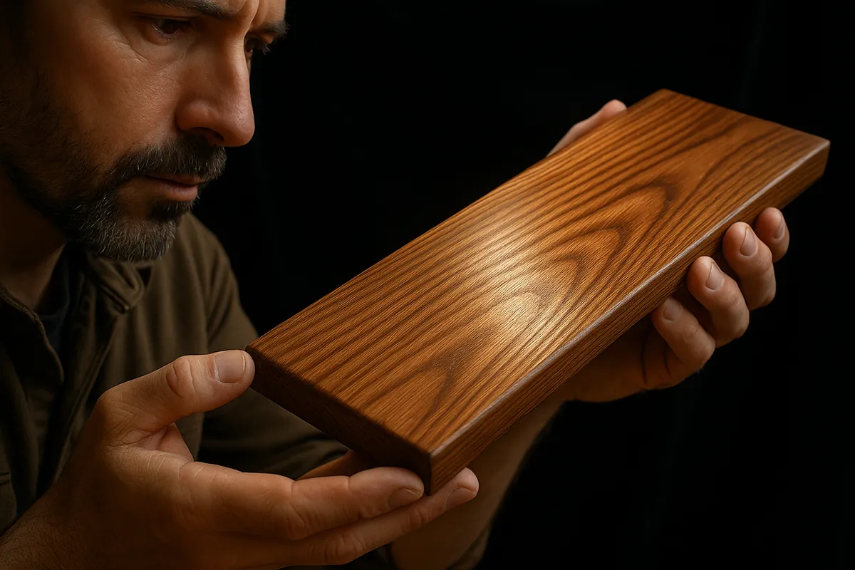 A craftsman inspects a weathered wooden deck plank, highlighting quality and detail for deck installation.