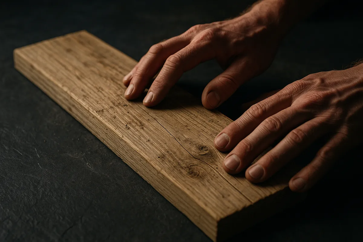 A deck builder inspects a weathered wooden plank, highlighting its imperfections and potential challenges.