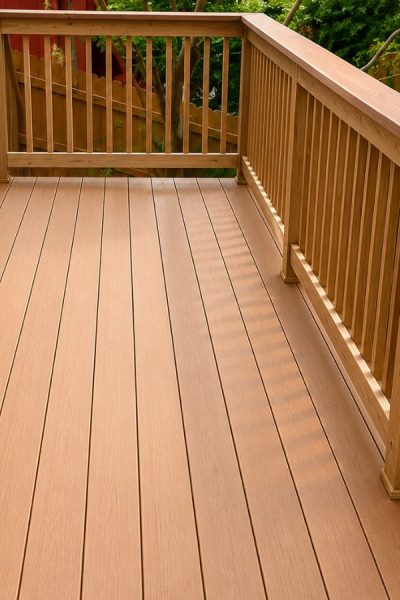 Trex composite decking finished on Austin Texas backyard with cool gray finish