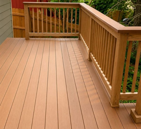 Trex composite decking finished on Austin Texas backyard with cool gray finish