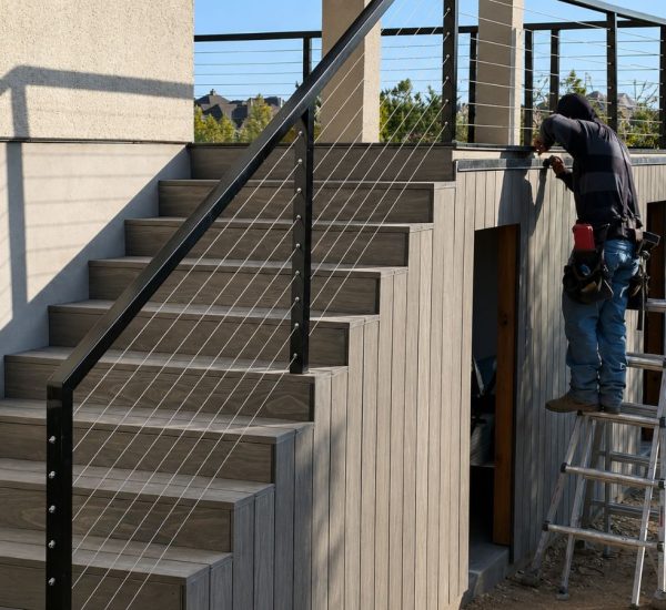 Deck framing structural construction with joists and beams during Austin build