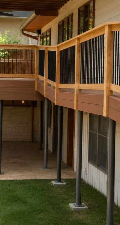 Two-tier multi-level deck installation on Austin Hill Country lot