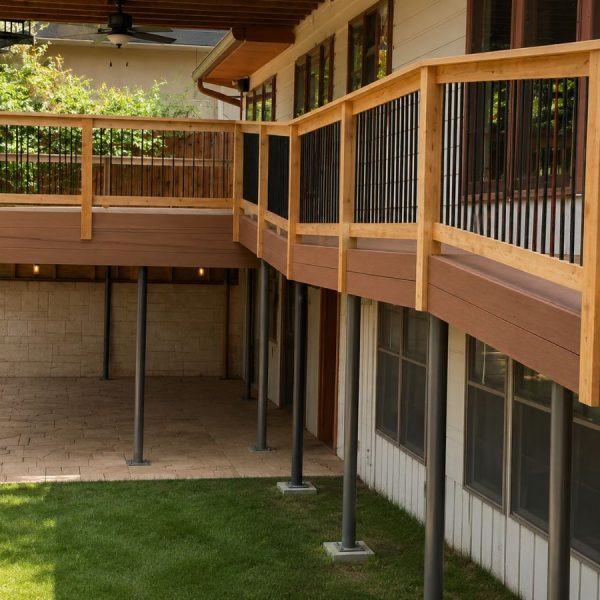 Two-tier multi-level deck installation on Austin Hill Country lot